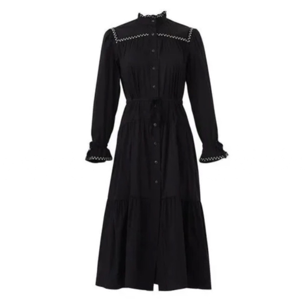 Sabina Musayev Black Charlot Eyelet Rivet Long Sleeve Prairie Midi Dress Large